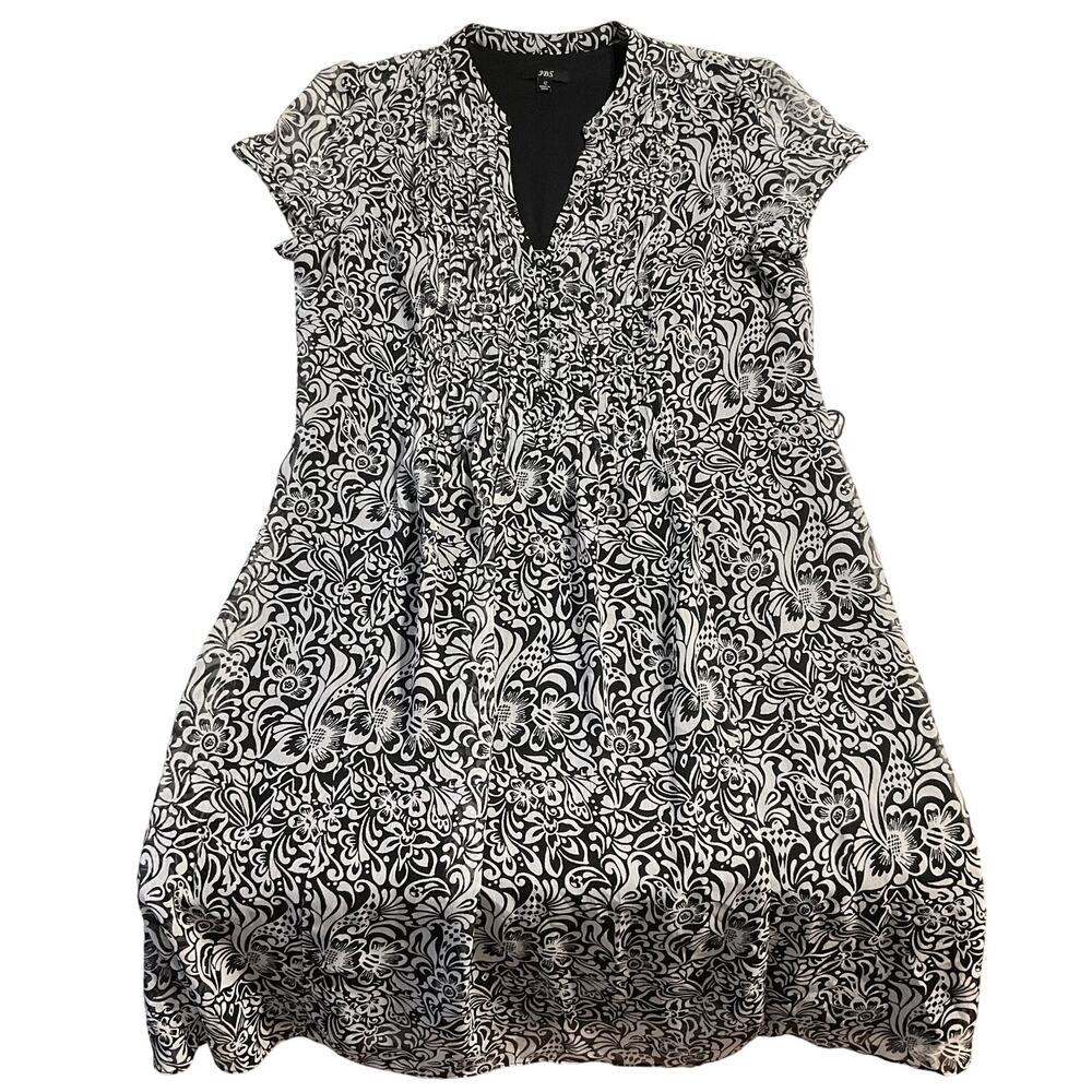 JBS Women Midi Dress Size 12 Black Floral Fit & Flare Short Sleeve Lined V-neck